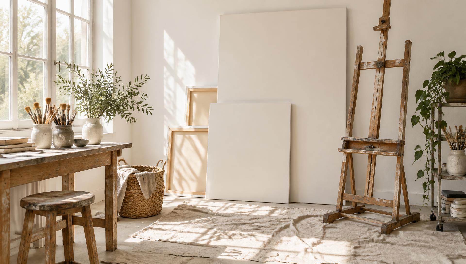 Atelier lumineux avec toiles et chevalet